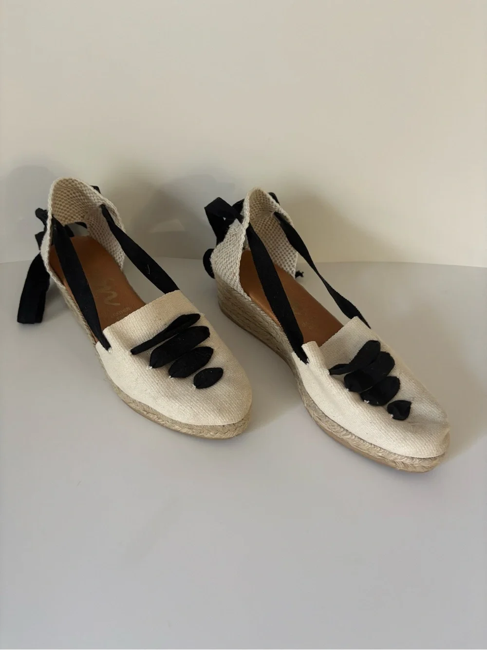 Picon Cream Espadrille Wedge Flats with Black Ribbon Detail